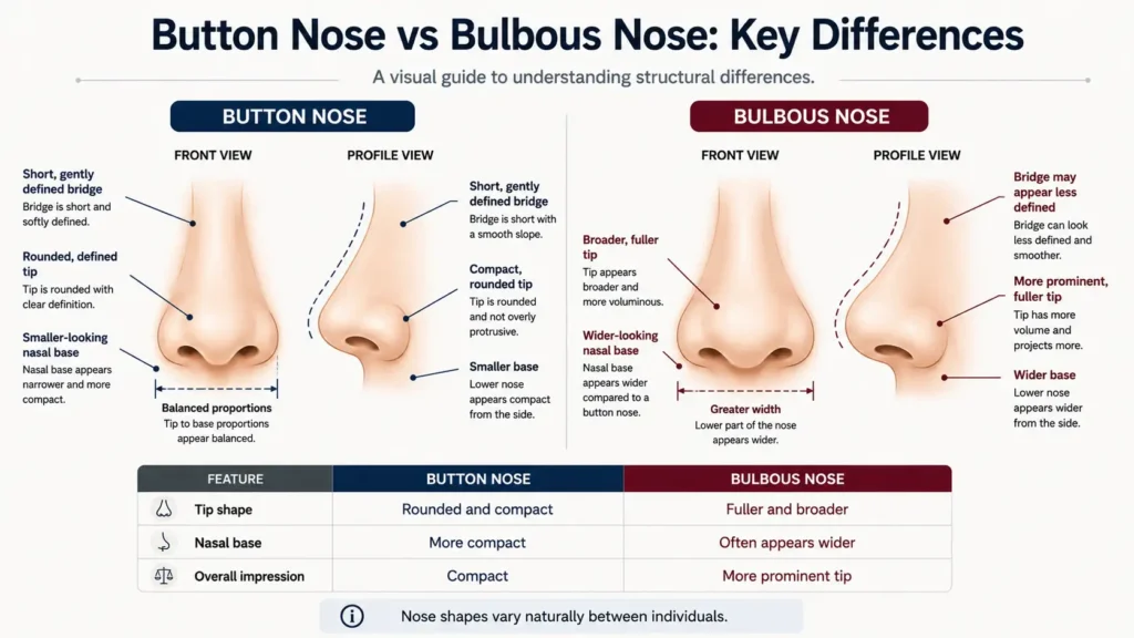 Button Nose vs Bulbous Nose: Structural Differences Explained 6 Front view comparison diagram of a button nose versus a bulbous nose showing the compact rounded tip against the wider fuller tip