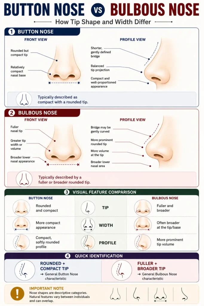 Button Nose vs Bulbous Nose: Structural Differences Explained 8 Educational comparison diagram of a button nose versus a bulbous nose highlighting tip size and bridge differences