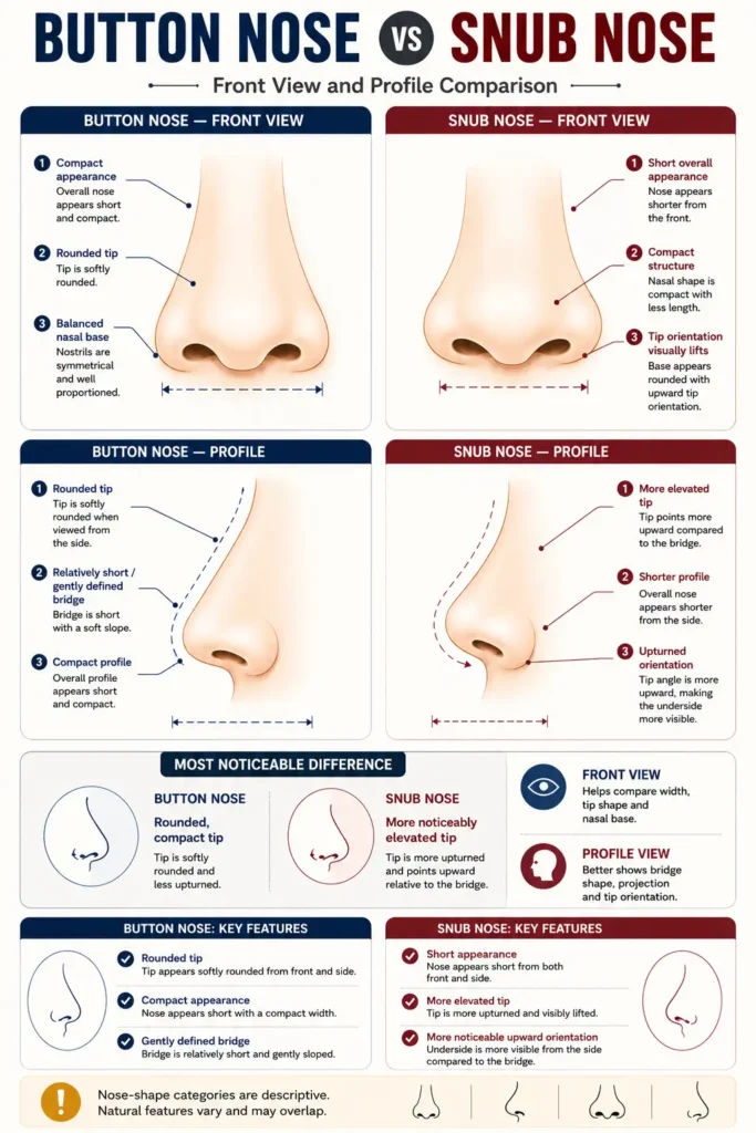 Front view comparison diagram of a button nose versus a snub nose showing the compact rounded tip against the upturned snub tip