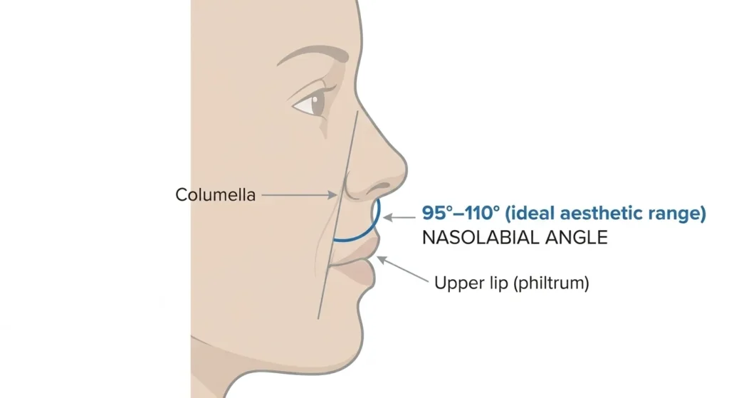 Diagram explaining the nasolabial angle and how it defines button nose versus snub nose tip rotation