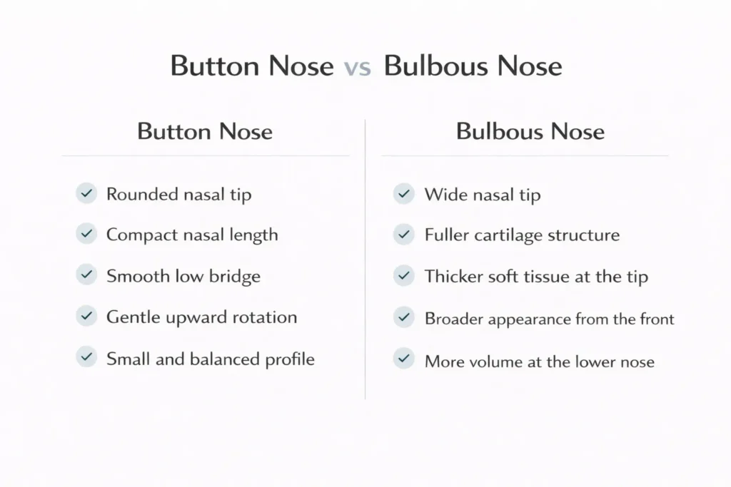 Button Nose vs Bulbous Nose: Structural Differences Explained 10 Side-by-side educational comparison of a button nose versus a bulbous nose with labeled structural features