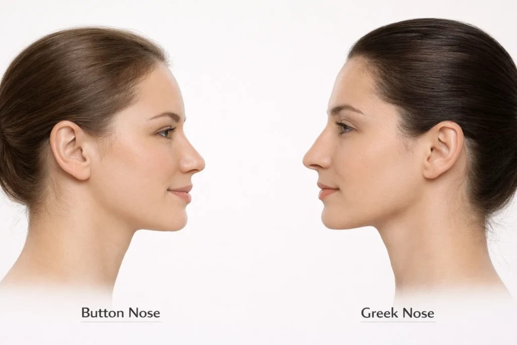Button Nose vs Greek Nose: Structural Differences Explained 2 Button nose and Greek nose comparison showing bridge differences