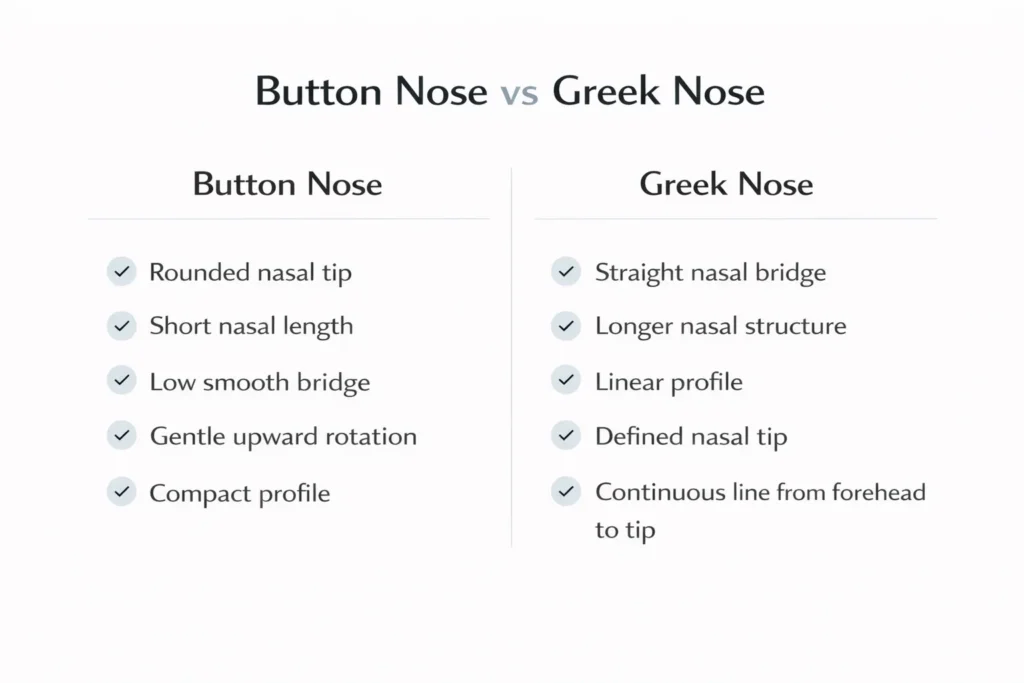 Button Nose vs Greek Nose: Structural Differences Explained 10 Side profile comparison diagram of a button nose versus a Greek nose highlighting bridge shape, tip direction and profile silhouette differences