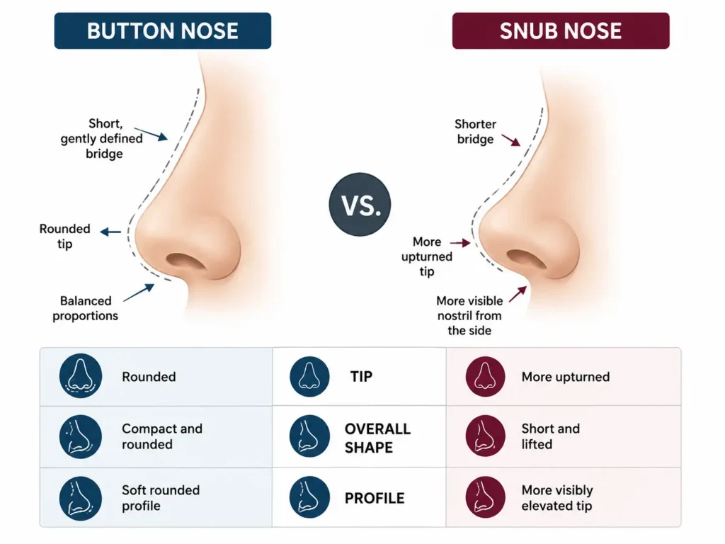 Educational comparison diagram of a button nose versus a snub nose highlighting tip rotation and bridge curvature differences