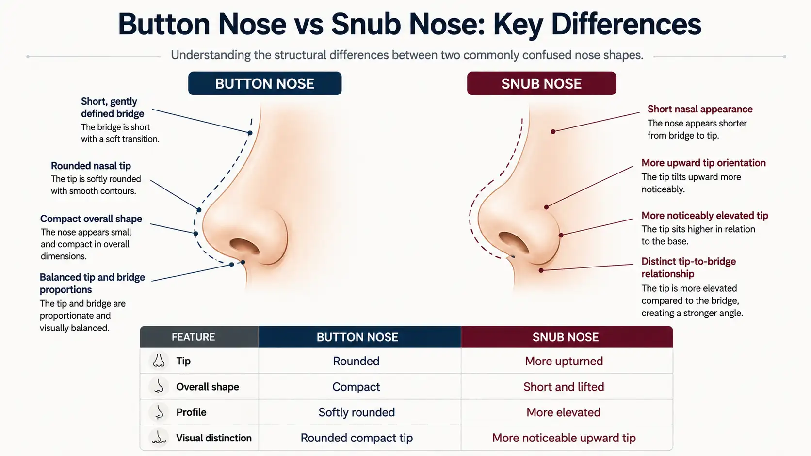 Diagram showing structural differences between button nose and snub nose