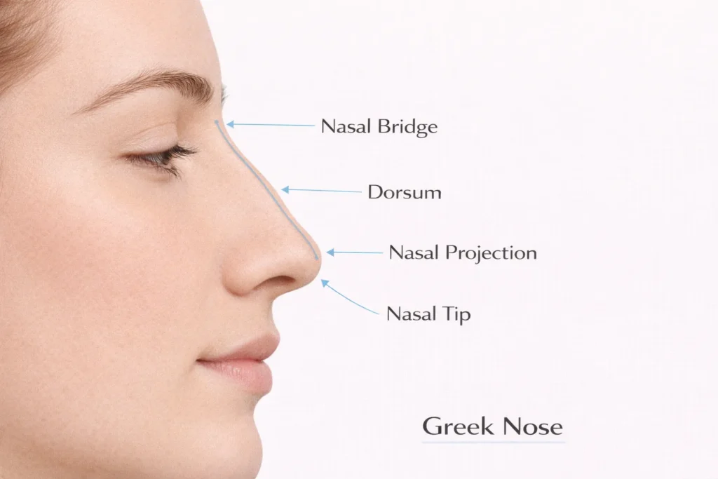Greek nose with straight bridge from forehead to tip in side profile