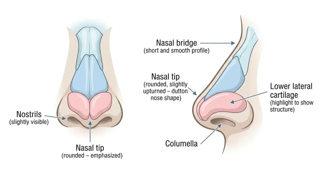 Button Nose vs Bulbous Nose: Structural Differences Explained 7 Nasal anatomy diagram showing the lower lateral cartilages and tip structure behind button nose and bulbous nose shapes