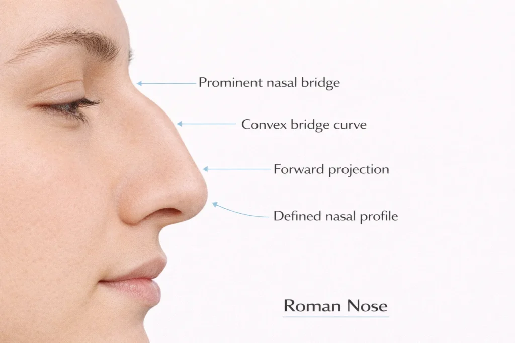 Roman Nose: Shape, Features, and Natural Variation 1 Roman nose with prominent bridge compared to Greek nose shape