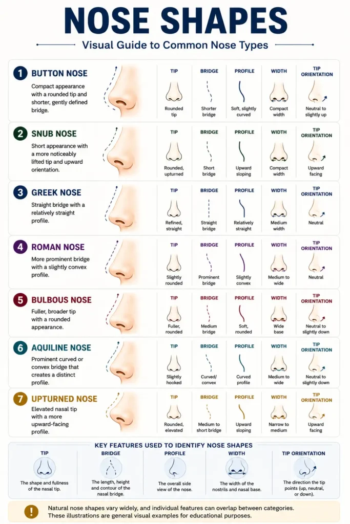 Nose shape identification chart for comparing button nose and snub nose traits side by side