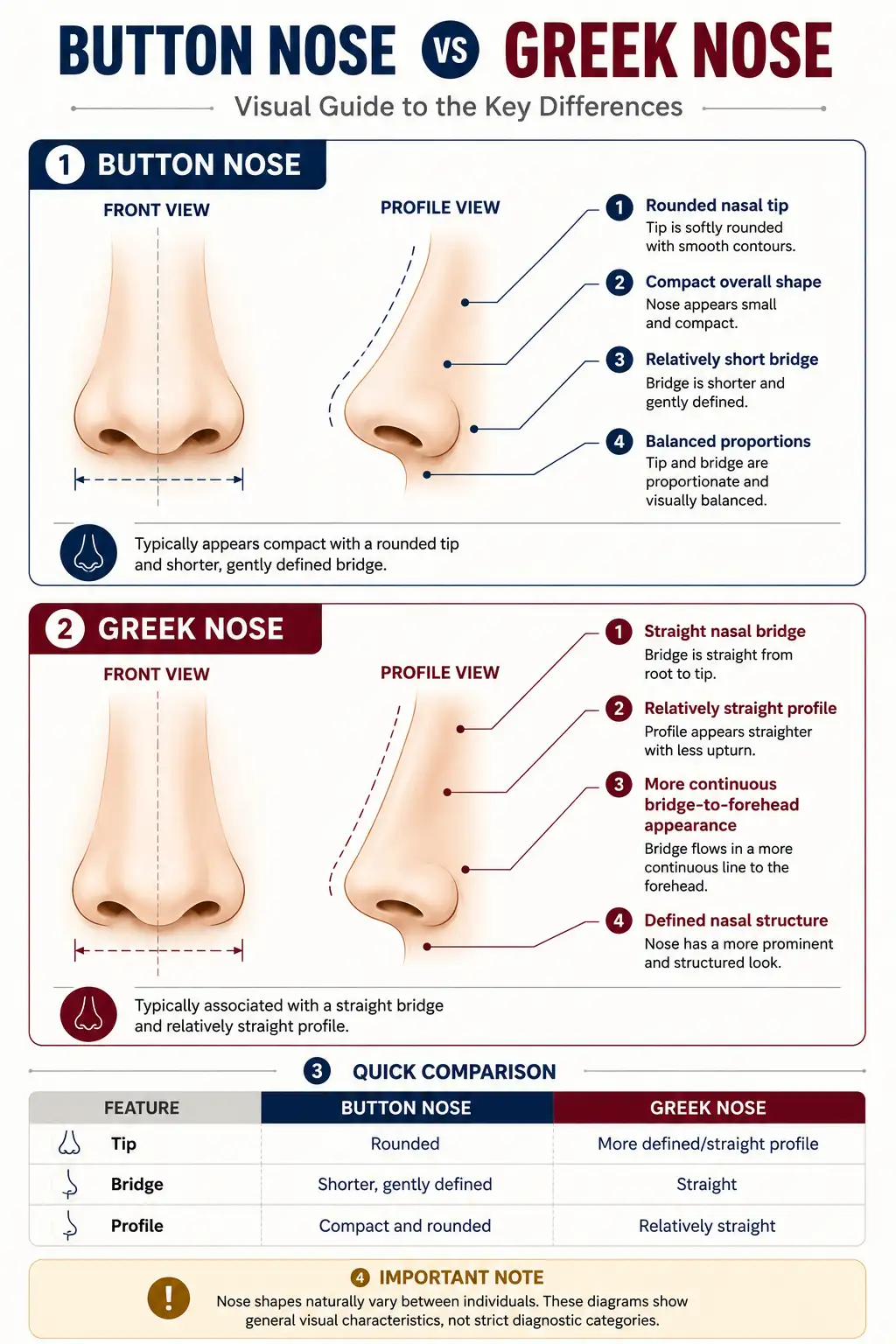 Side-by-side comparison of button nose versus Greek nose profiles