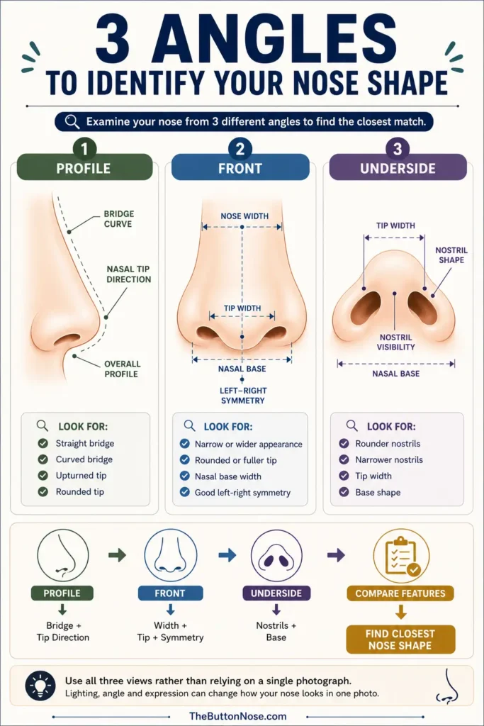 Visual reference for identifying nose shape features when comparing button nose versus snub nose traits