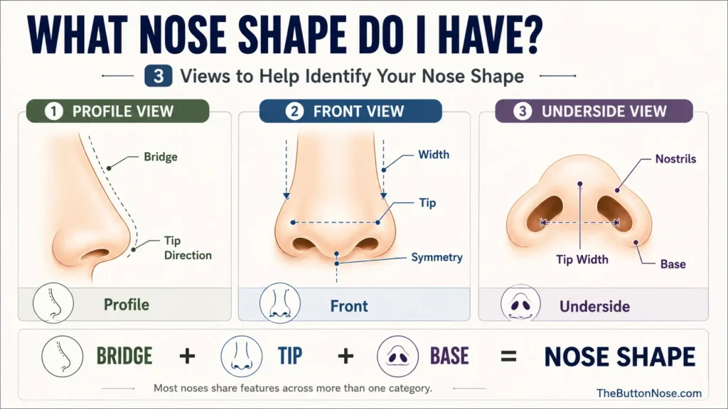 Self-check reference image showing how to tell which nose shape you have for the button nose versus snub nose comparison