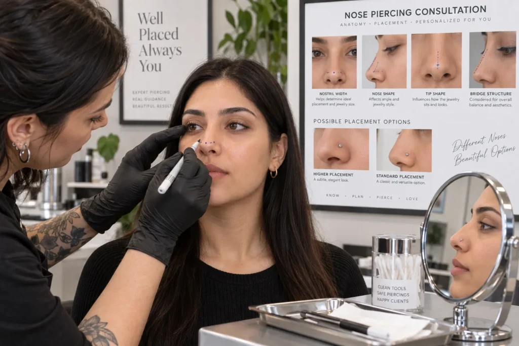 Nose Piercing Guide: Types, Healing, Cost, and Problems 4 Nose-Shape-Piercing-Placement-Consultation.