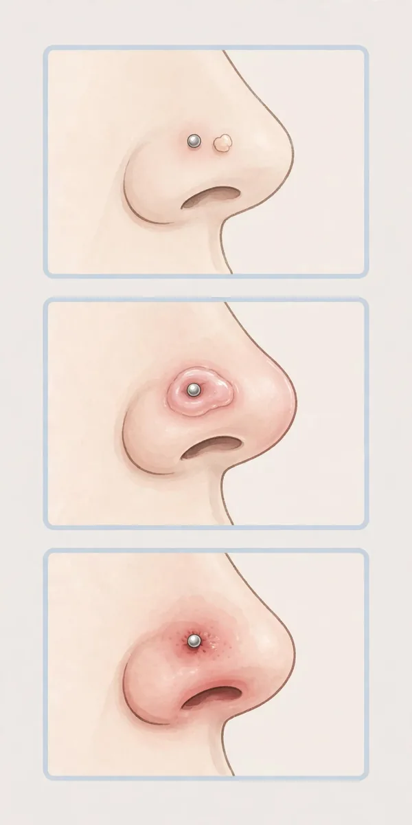 Nose Piercing Bump: Causes and How to Get Rid of It 2 Illustration comparing an irritation bump, keloid and infection on a nose piercing