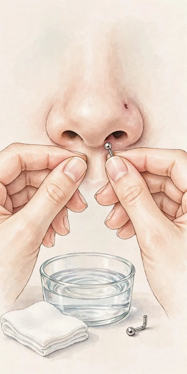 Illustration of the steps to change a nose piercing stud safely
