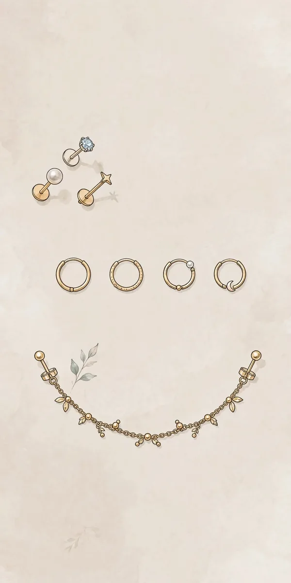 Double Nose Piercing: Styles, Pain and Healing Guide 5 Illustration of jewelry options for a double nose piercing including studs and hoops