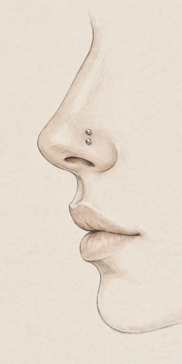 Double Nose Piercing: Styles, Pain and Healing Guide 1 Illustration of a double nose piercing with two studs on the same nostril