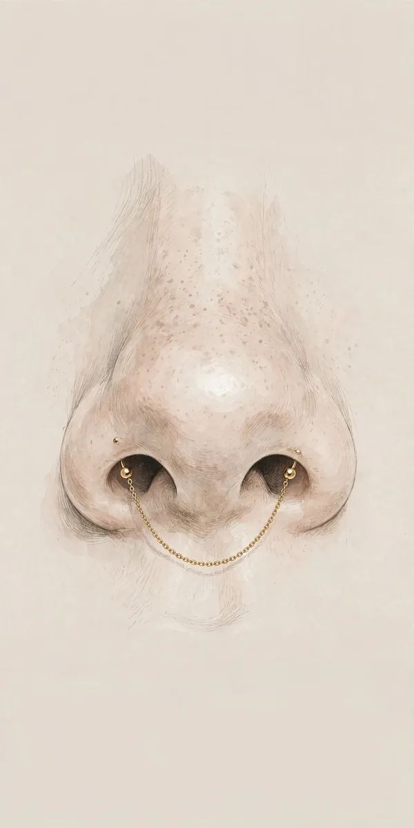 Double Nose Piercing: Styles, Pain and Healing Guide 3 Illustration of a double nose piercing connected by a delicate chain
