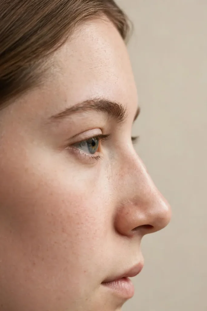 Illustrated side profile of a button nose showing the compact shape and upturned tip