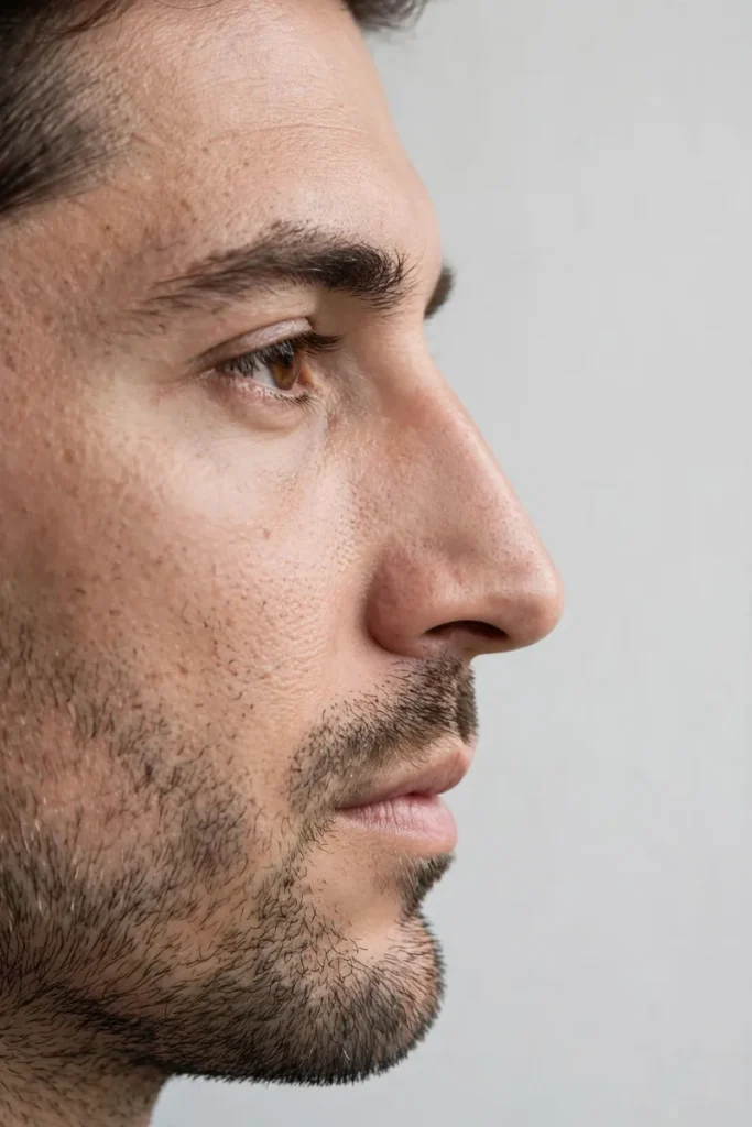 Illustrated side profile of a Greek nose showing the straight bridge line from forehead to tip