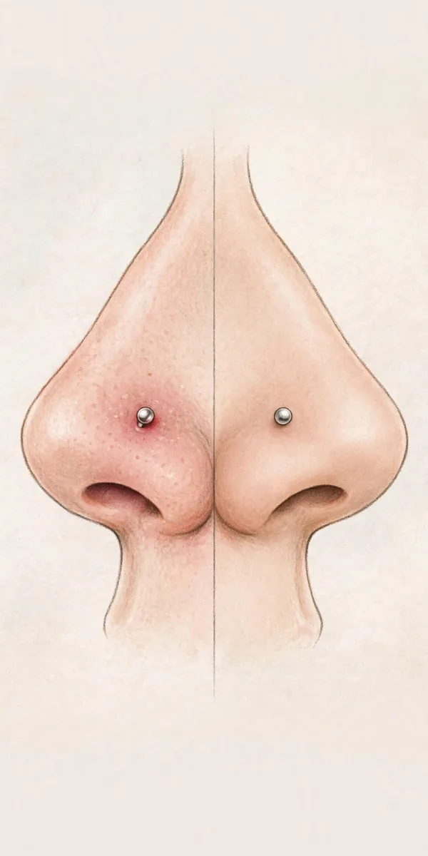 Illustration comparing a healing nose piercing with a fully healed one