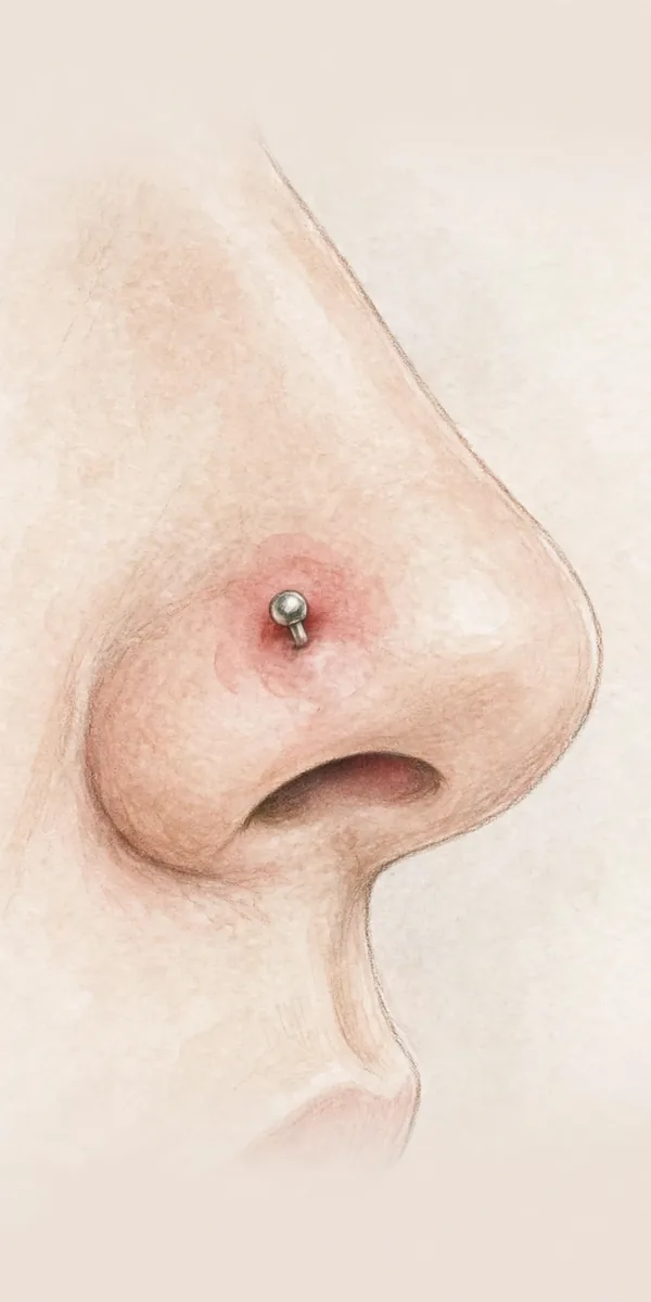 Infected Nose Piercing: Signs, Causes and Treatment 1 Illustration showing the visual signs of an infected nose piercing