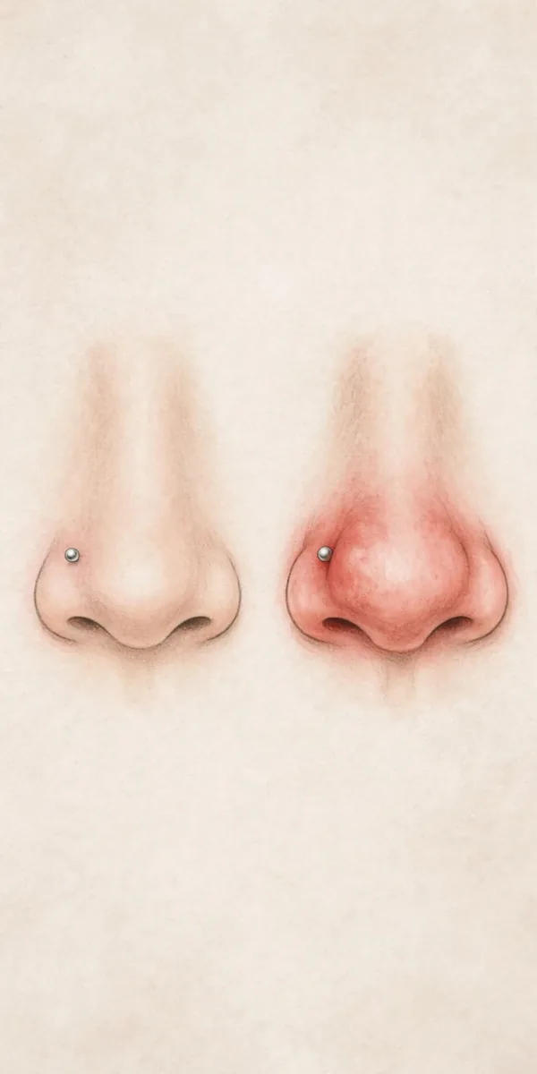 Infected Nose Piercing: Signs, Causes and Treatment 2 Illustration comparing a normally healing nose piercing with an infected one