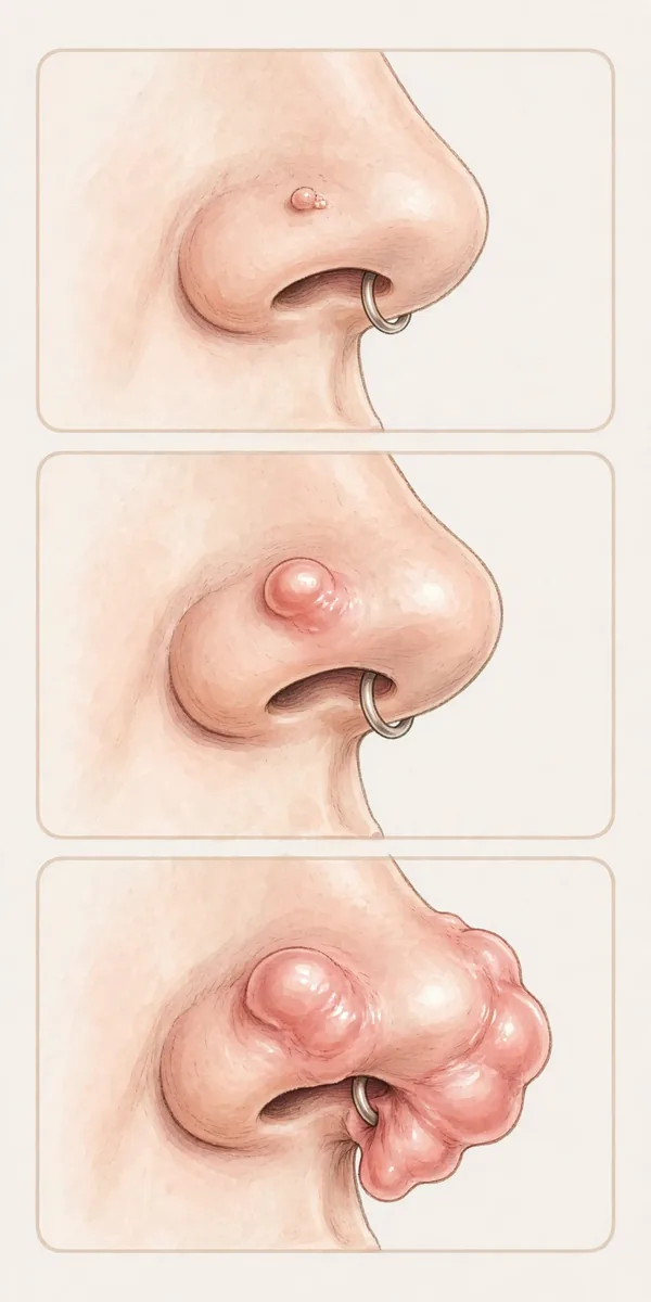 Keloid on Nose Piercing: How to Identify and Treat It 2 Illustration showing how a keloid grows over time on a nose piercing