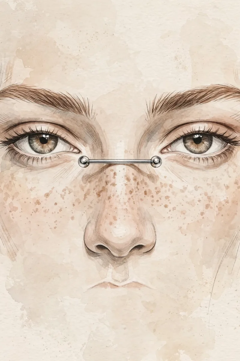 Nose Bridge Piercing: Pain, Risks and Healing Time 1 Illustration showing where a nose bridge piercing sits between the eyes