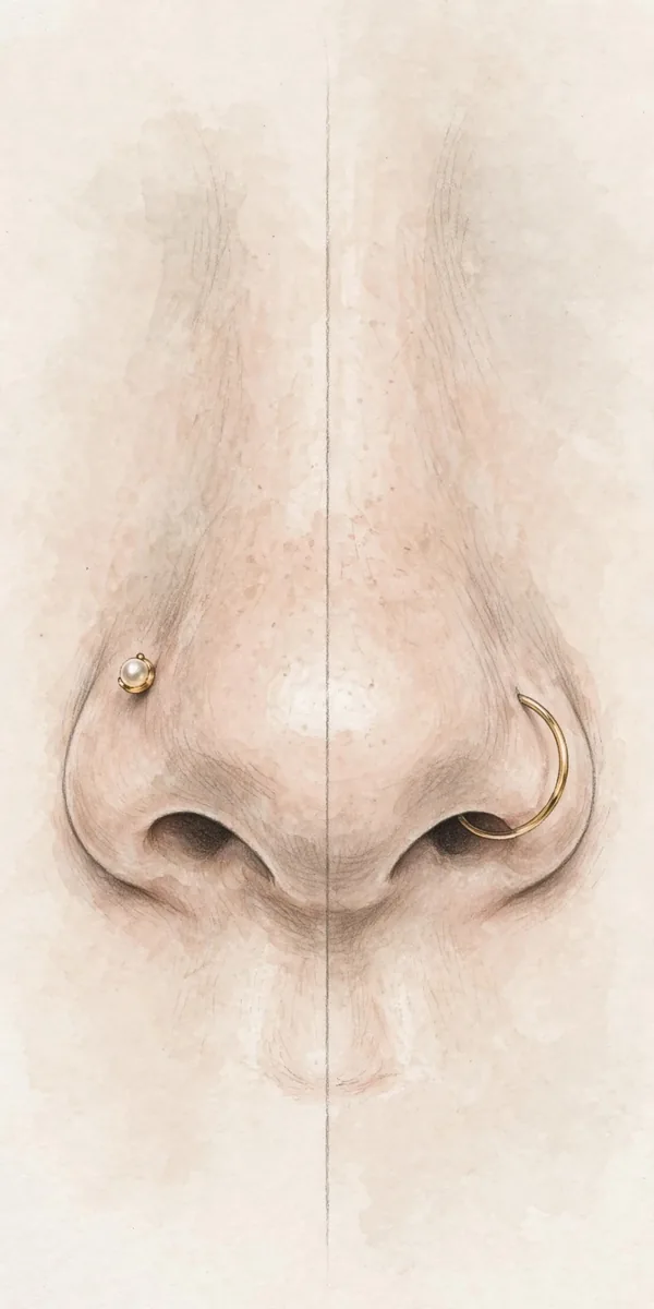 Nose Piercing Jewelry: Types, Materials and How to Choose 3 Illustration comparing a nose stud and a hoop on a healed piercing