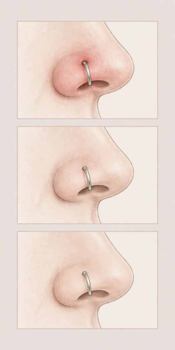 Illustration of the three healing stages of a nose piercing