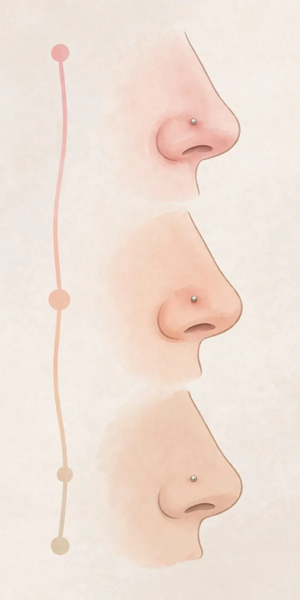 Illustration showing healing timelines for different nose piercing types