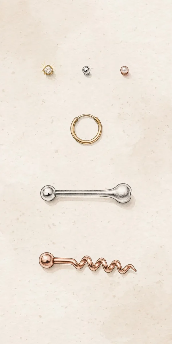 Nose Piercing Jewelry: Types, Materials and How to Choose 1 Illustration showing the main types of nose piercing jewelry