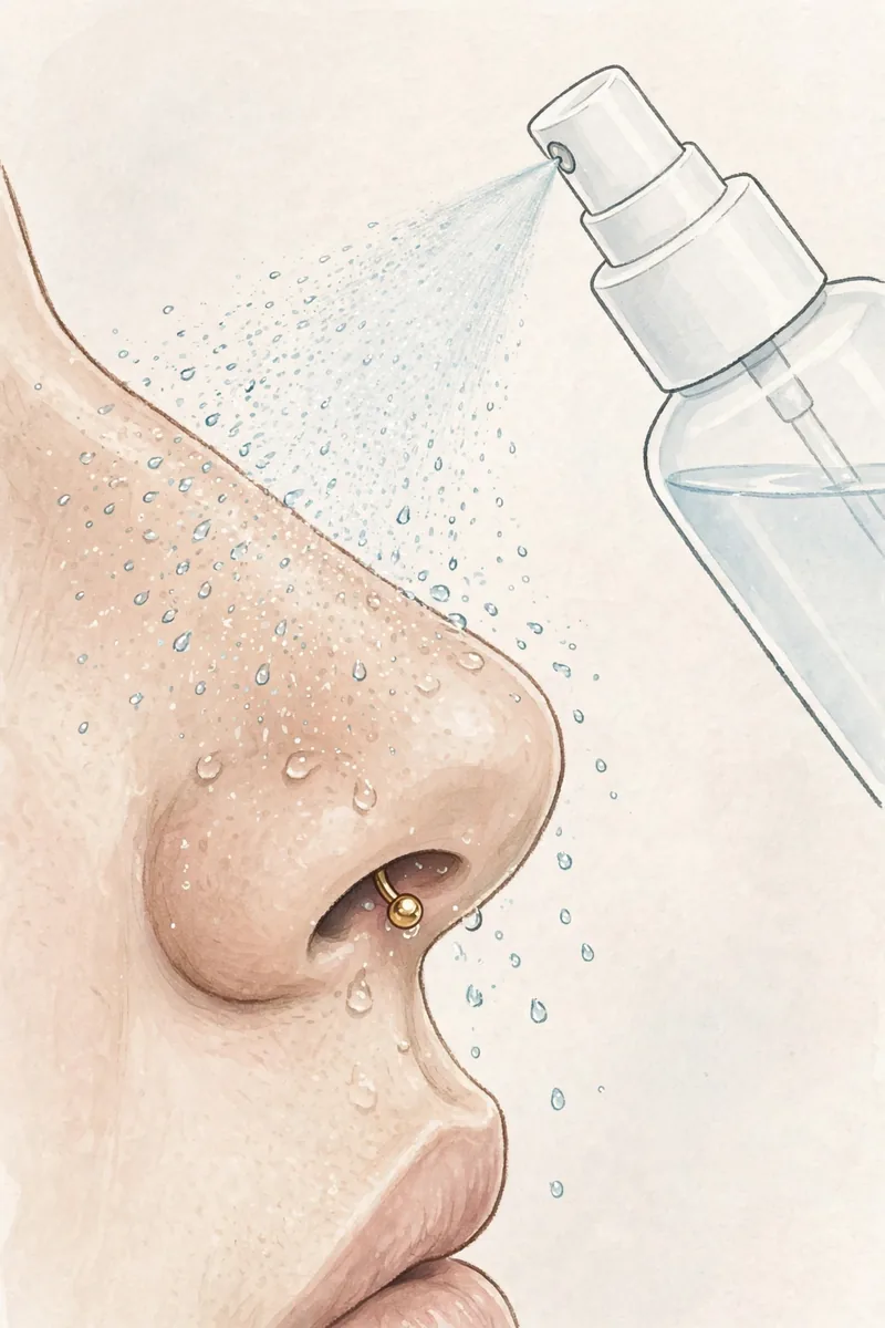 Nose Piercing Aftercare: The Complete Guide 2 Illustration showing proper saline cleaning technique for a nose piercing